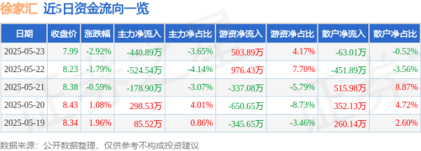 策利配资 股票行情快报：徐家汇（002561）5月23日主力资金净卖出440.89万元